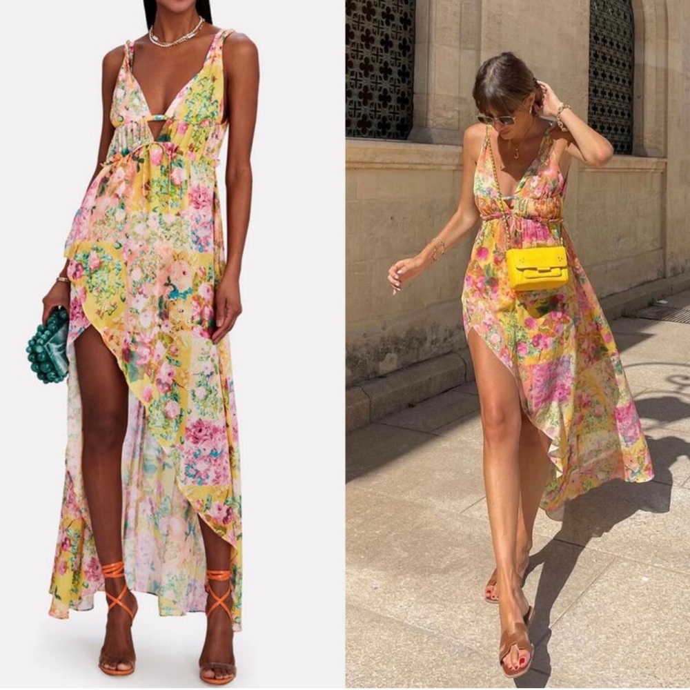 For Love And Lemons Yellow Pink Asymmetrical Maxi Dress